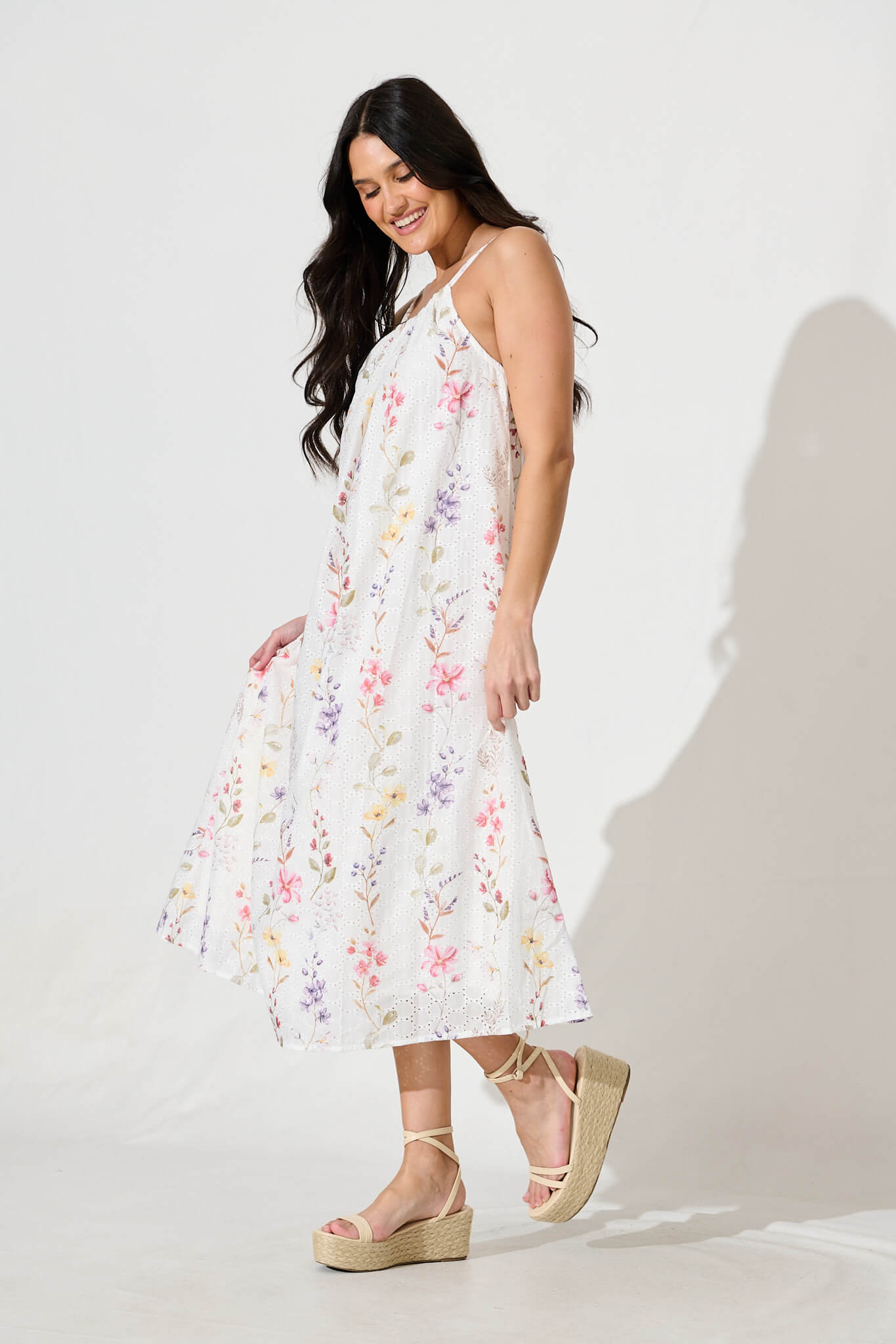 Sunetta Midi Sundress in White Floral Textured Broderie