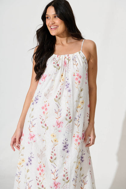 Sunetta Midi Sundress in White Floral Textured Broderie