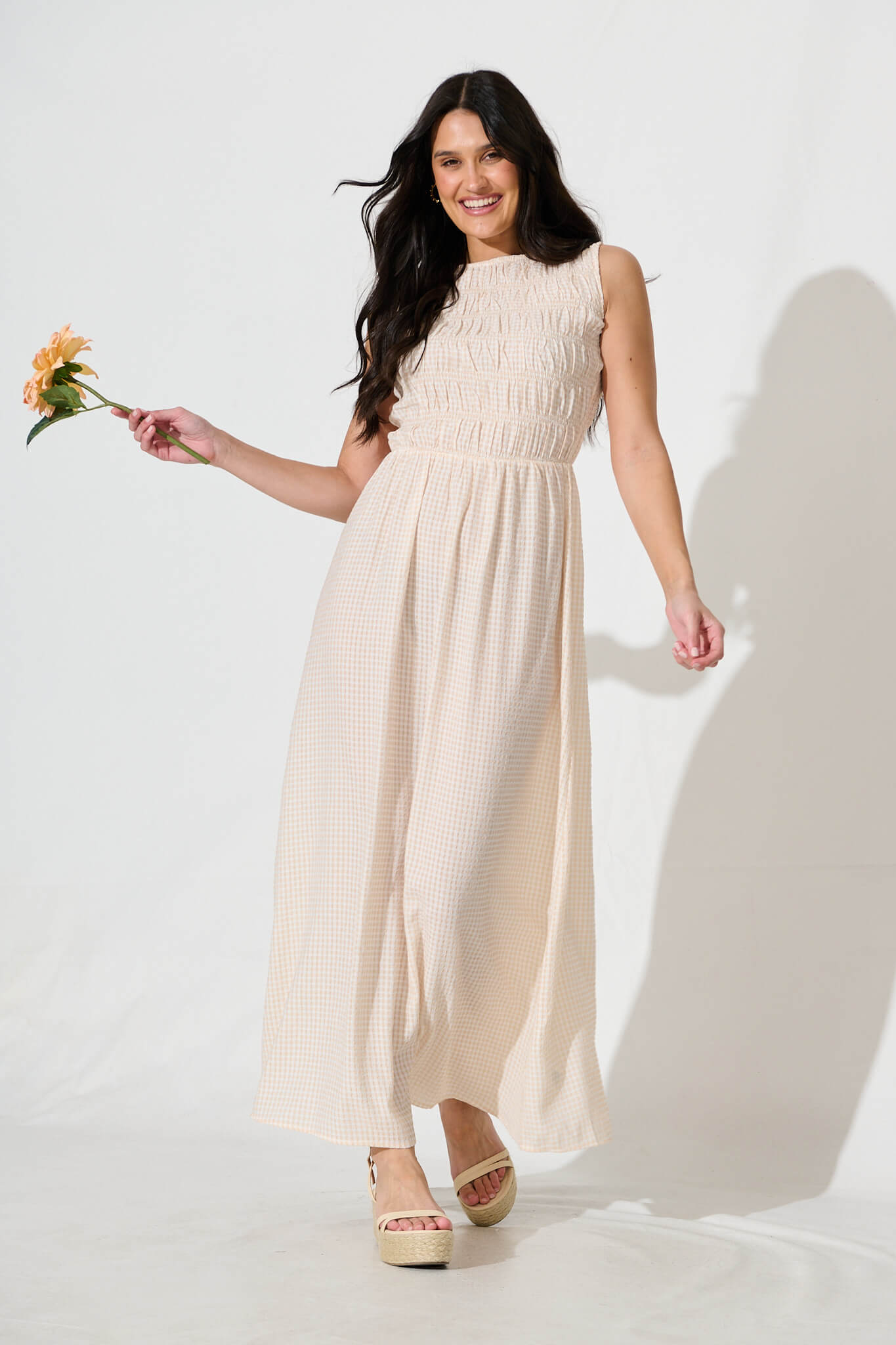 Ionia Maxi Dress in Beige and White Gingham