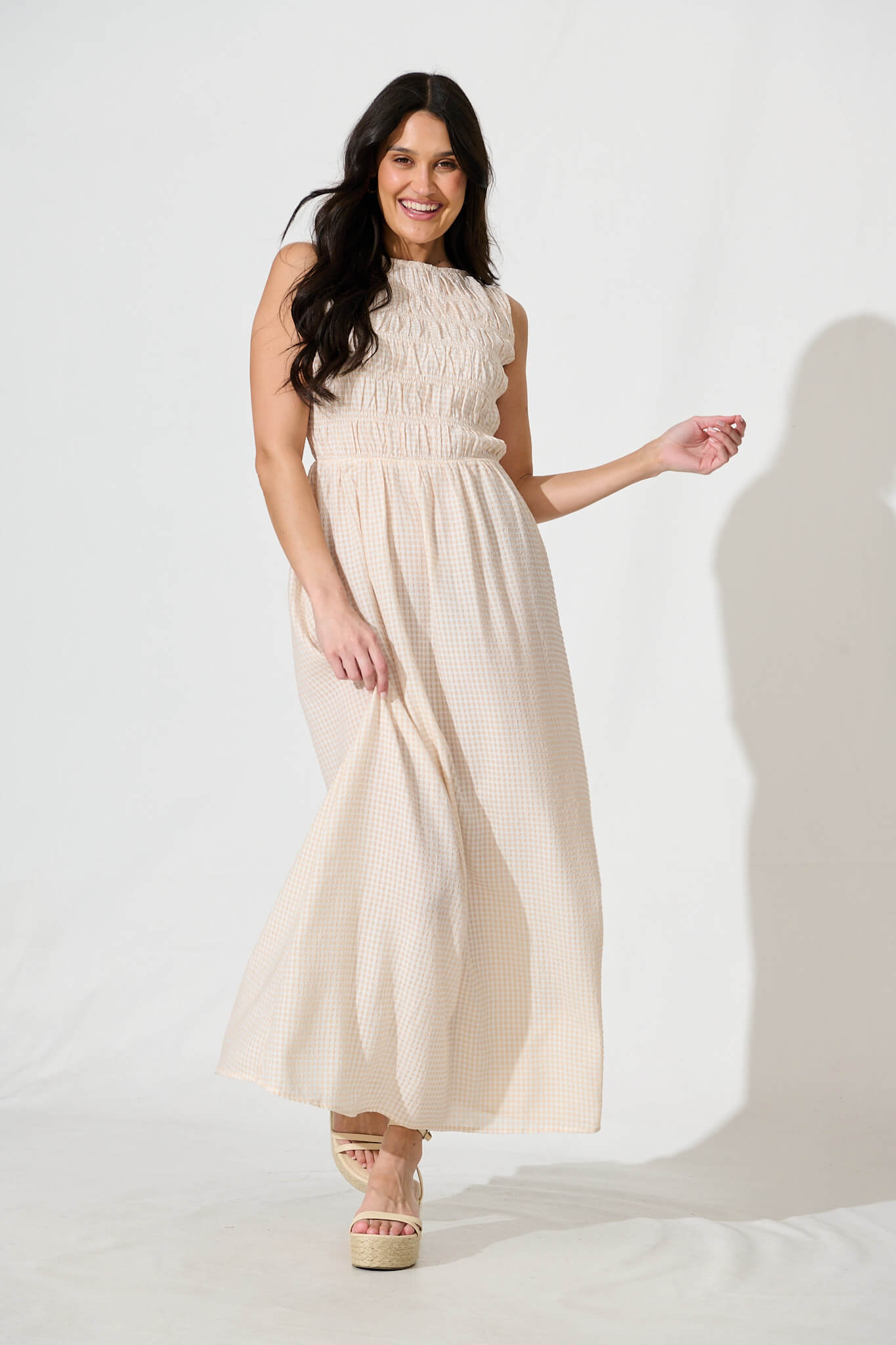 Ionia Maxi Dress in Beige and White Gingham