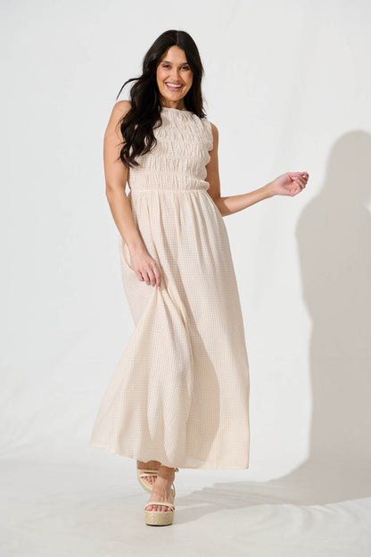 Ionia Maxi Dress in Beige and White Gingham