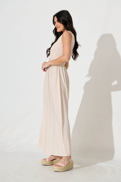 Ionia Maxi Dress in Beige and White Gingham