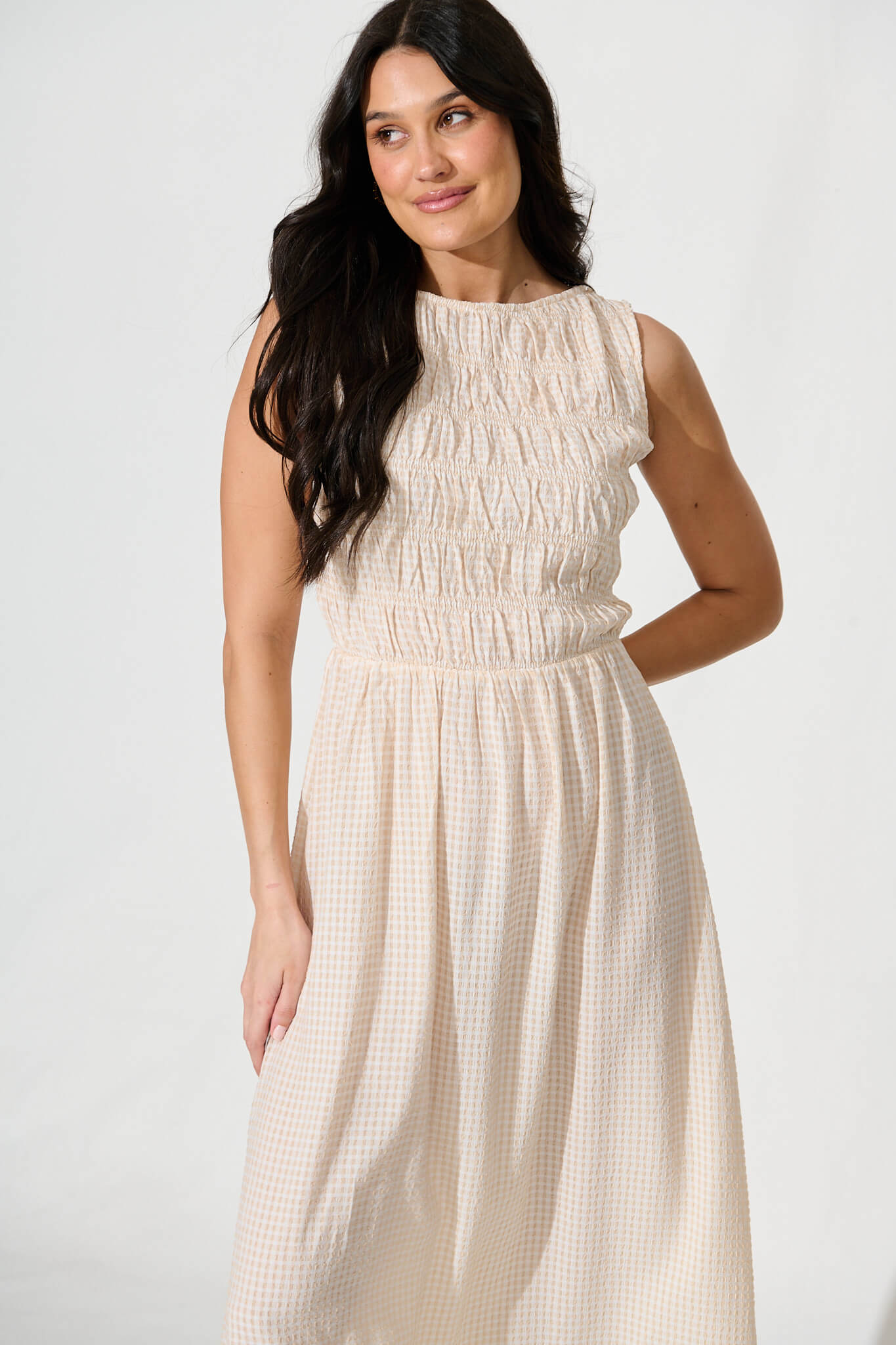Ionia Maxi Dress in Beige and White Gingham