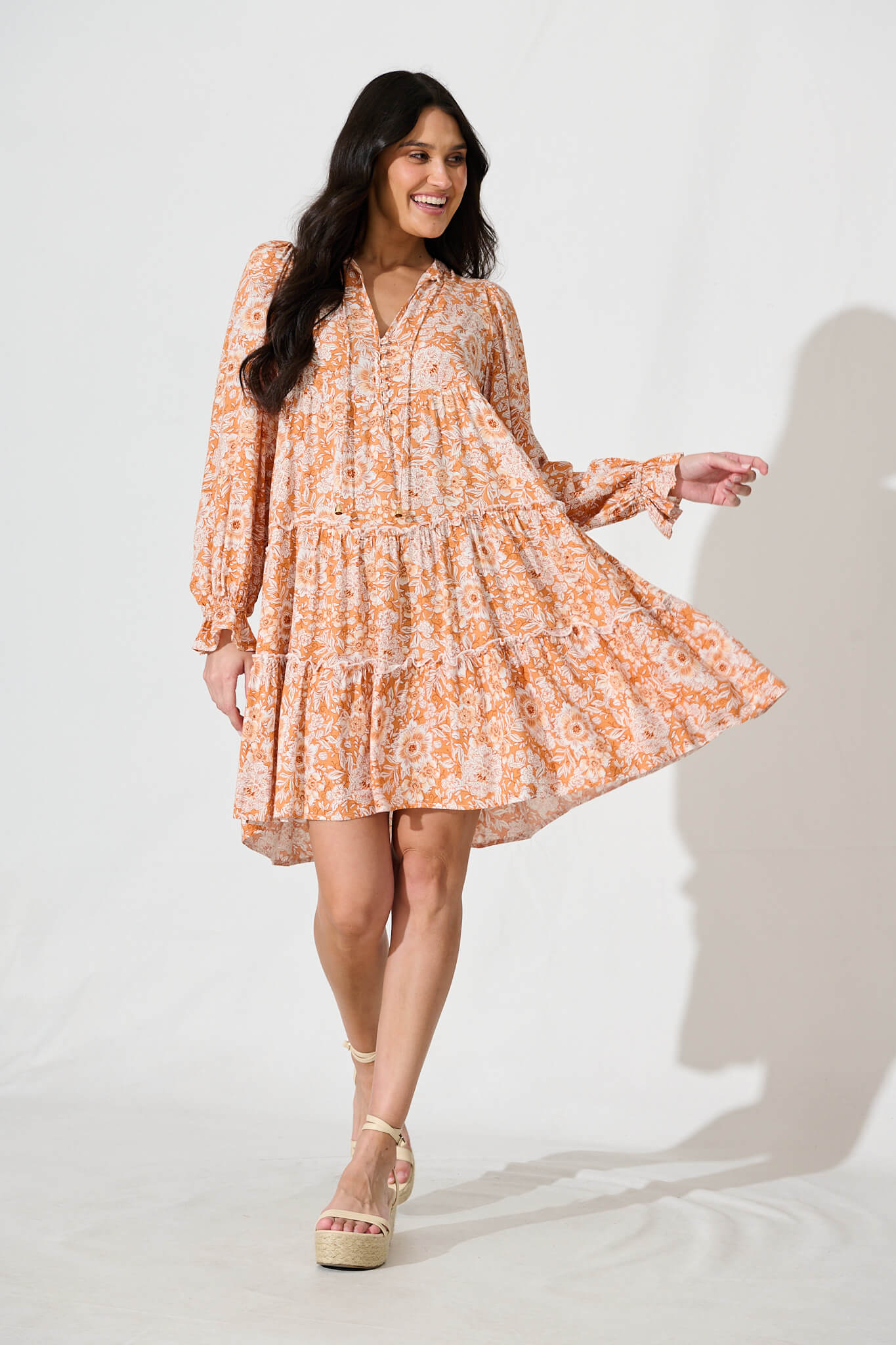 Gene Smock Dress in White and Orange Floral
