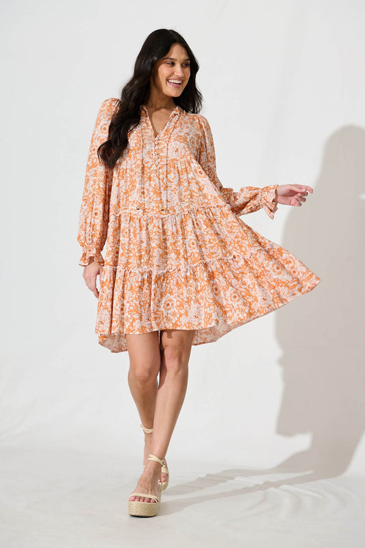 Gene Smock Dress in White and Orange Floral