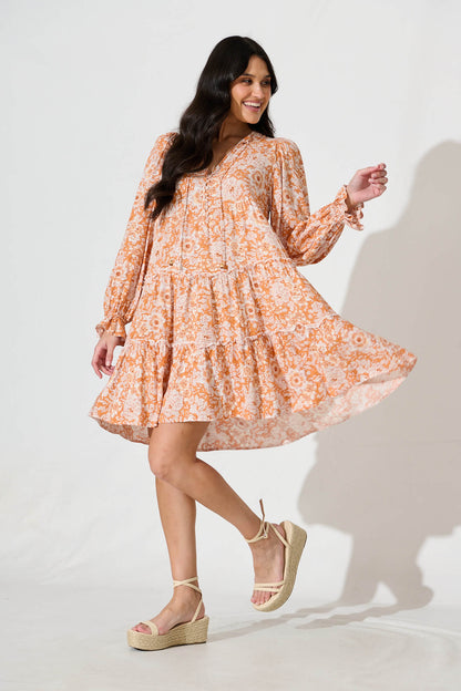 Gene Smock Dress in White and Orange Floral
