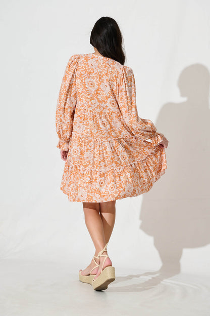 Gene Smock Dress in White and Orange Floral