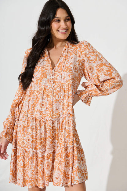 Gene Smock Dress in White and Orange Floral