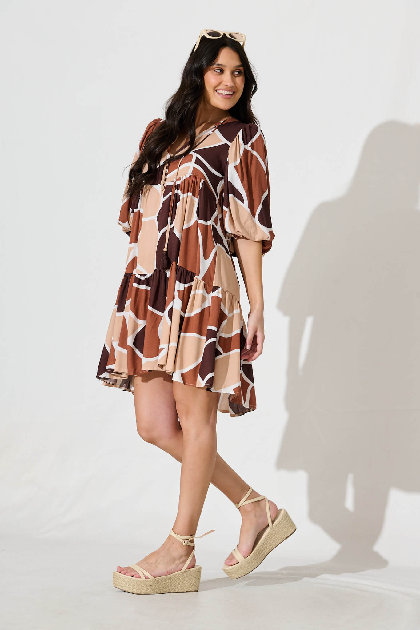 Minnesota Smock Dress in Brown and Beige Print