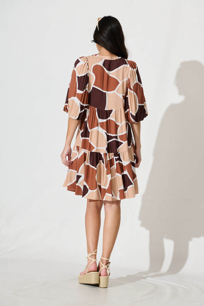 Minnesota Smock Dress in Brown and Beige Print