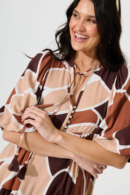 Minnesota Smock Dress in Brown and Beige Print