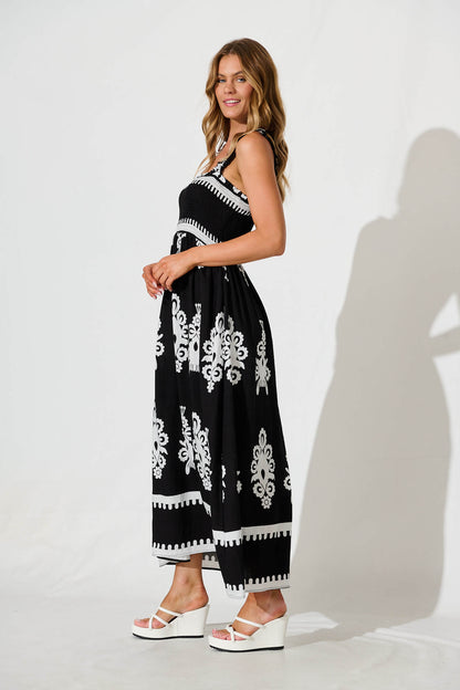 Evanston Maxi Dress In Black With White Print