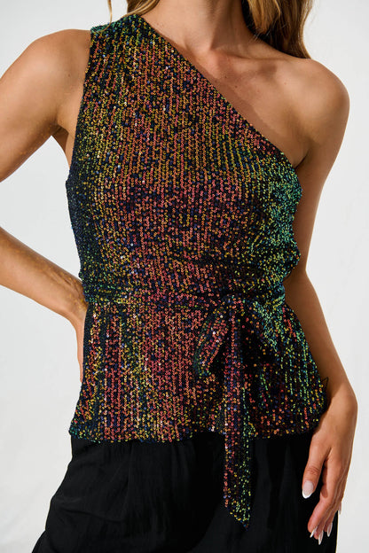 Evening Star One Shoulder Top In Multi Sequin