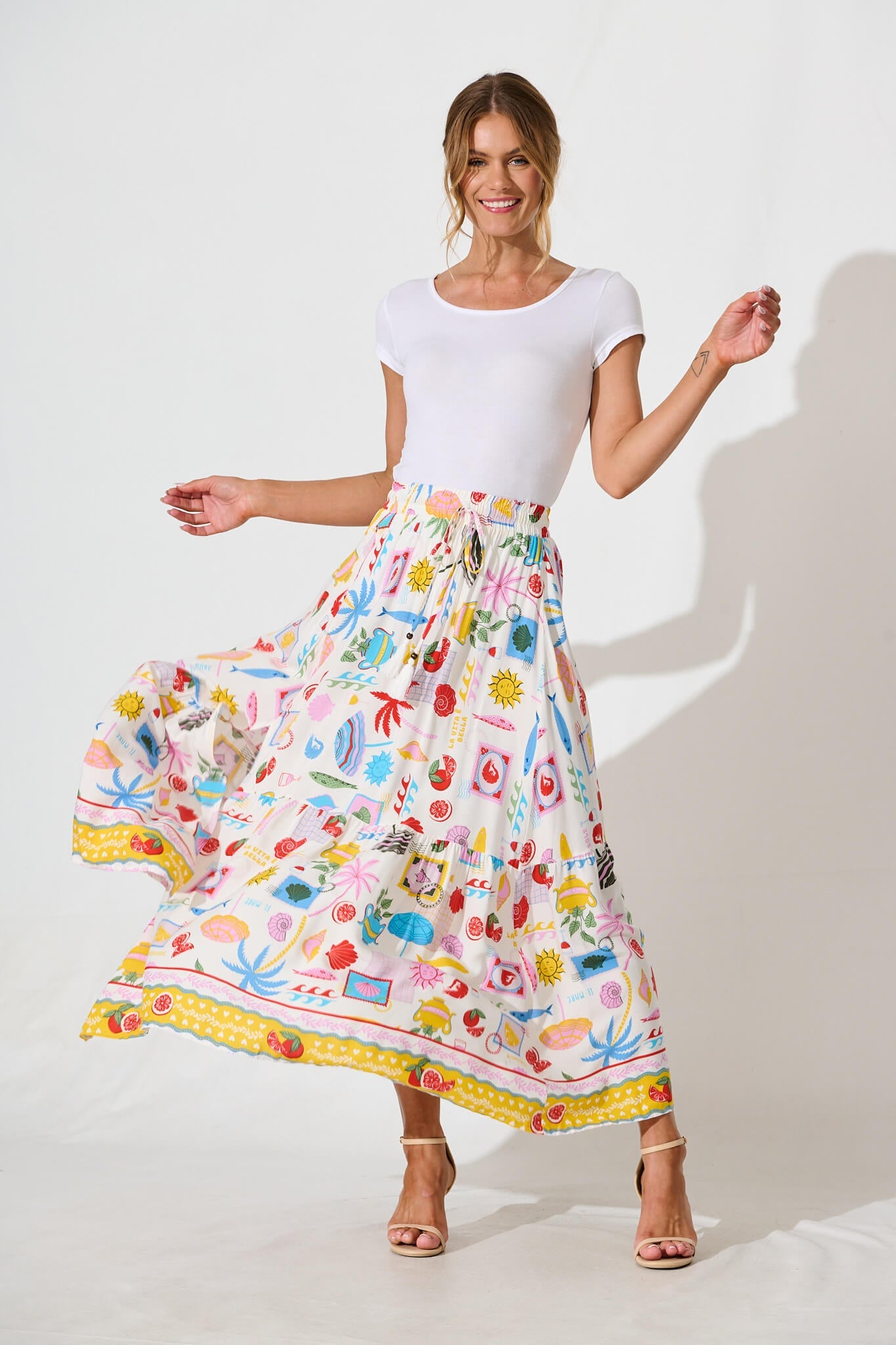 Dema Maxi Skirt in White with Multi Tropical Print