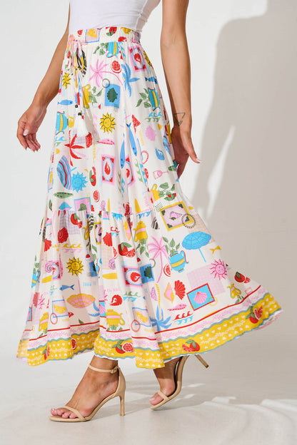 Dema Maxi Skirt in White with Multi Tropical Print