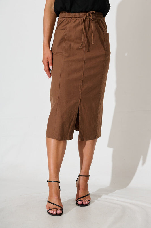 Edalene Midi Skirt in Chocolate Cotton Blend