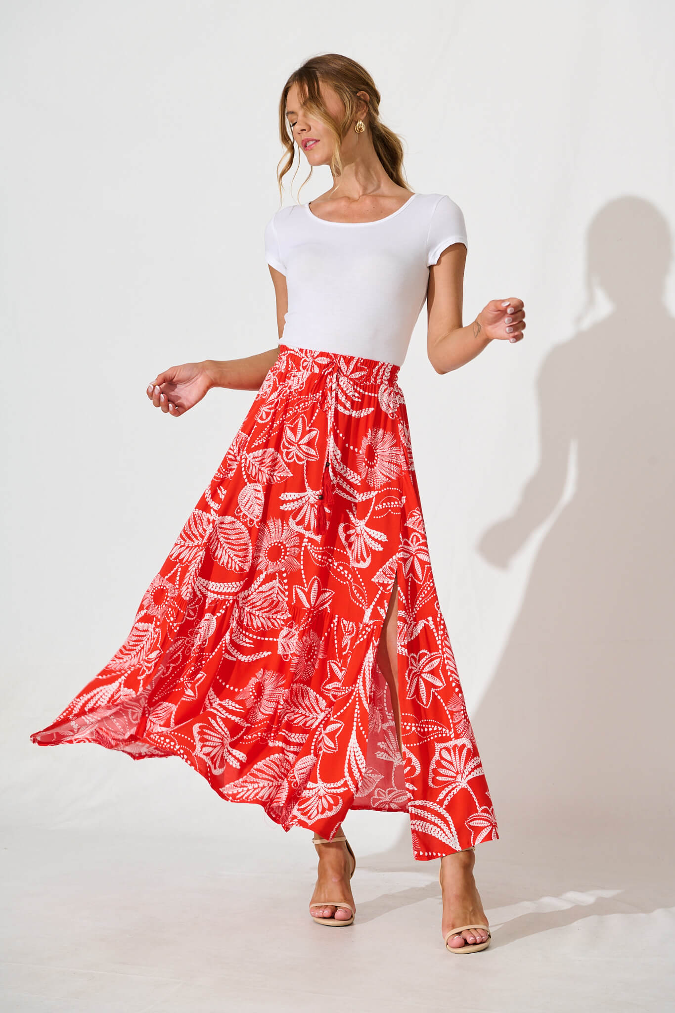 Bilboa Maxi Skirt in Red with White Print