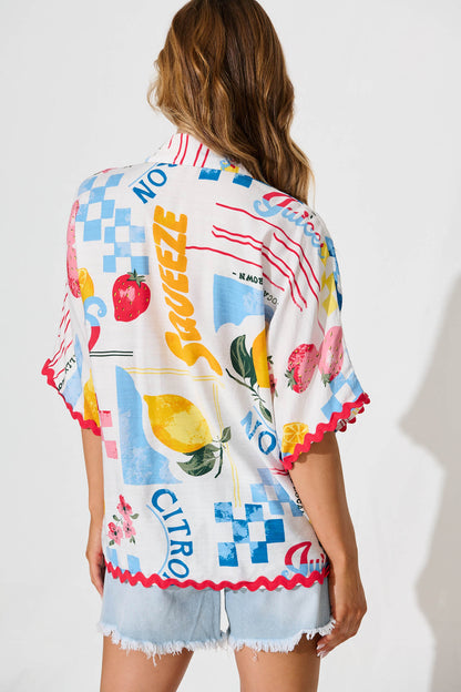 Dream Girl Shirt In White Lemon Print Ric Rac Trim