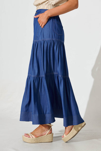Adelina Maxi Skirt In Blue With Contrast Stitch