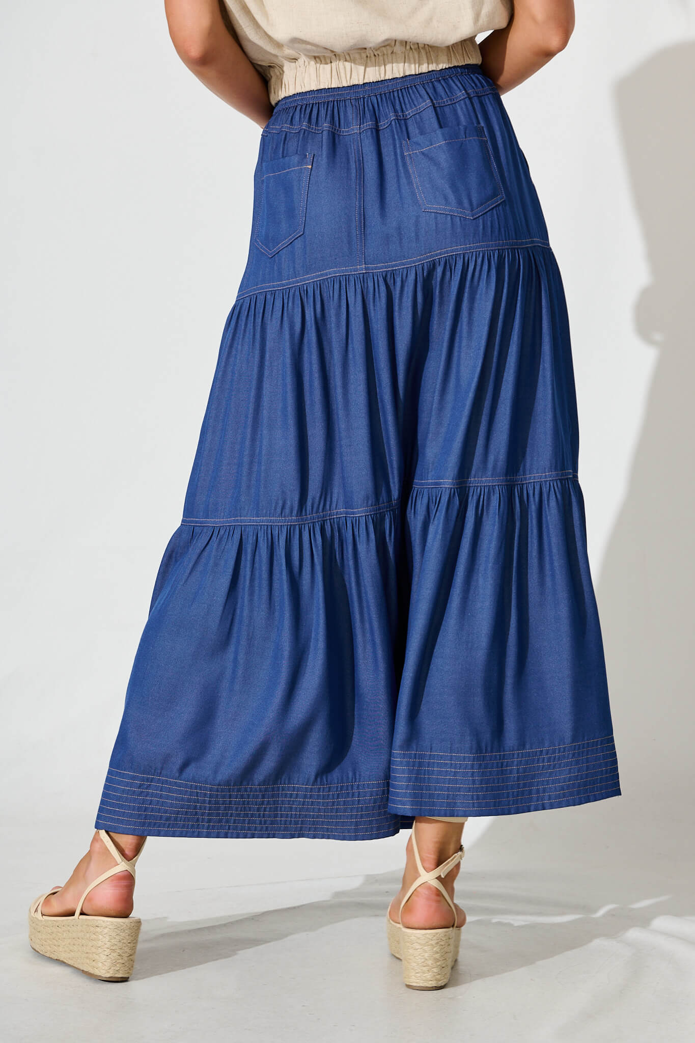 Adelina Maxi Skirt In Blue With Contrast Stitch