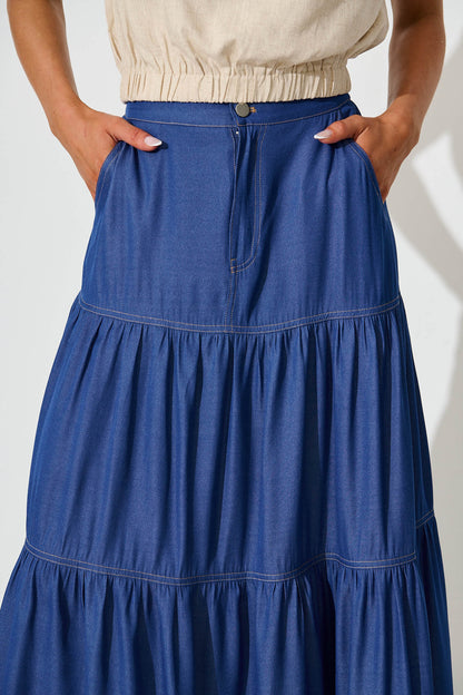 Adelina Maxi Skirt In Blue With Contrast Stitch
