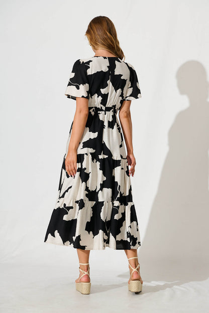PRE ORDER Queeva Midi Dress in Black with Cream Floral