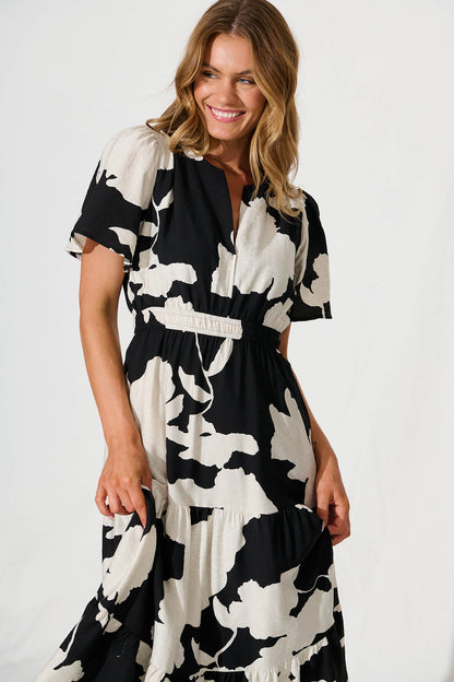 PRE ORDER Queeva Midi Dress in Black with Cream Floral