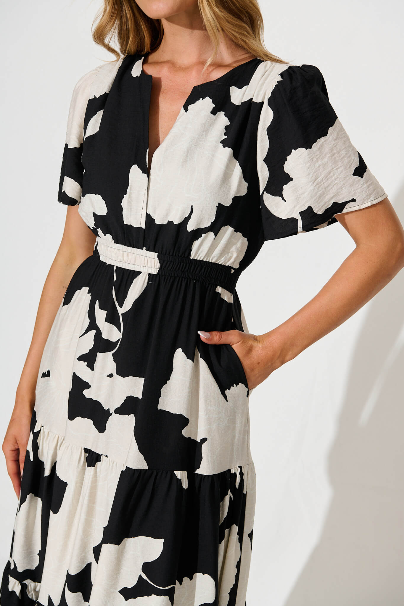 PRE ORDER Queeva Midi Dress in Black with Cream Floral