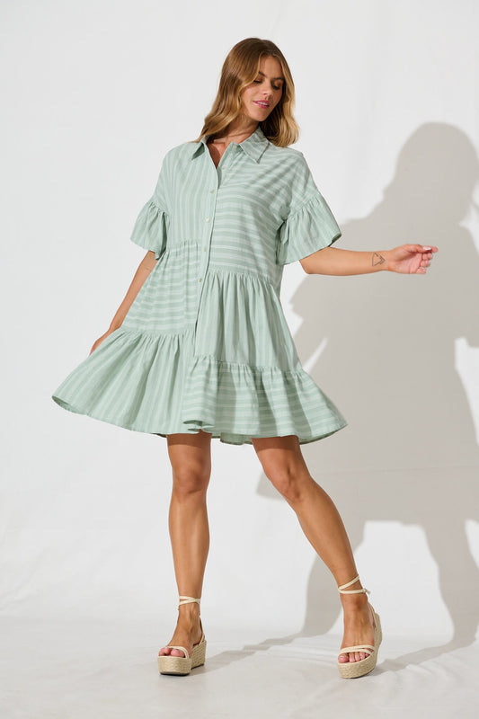 Freya Shirt Dress In Sage Green With White Stripe