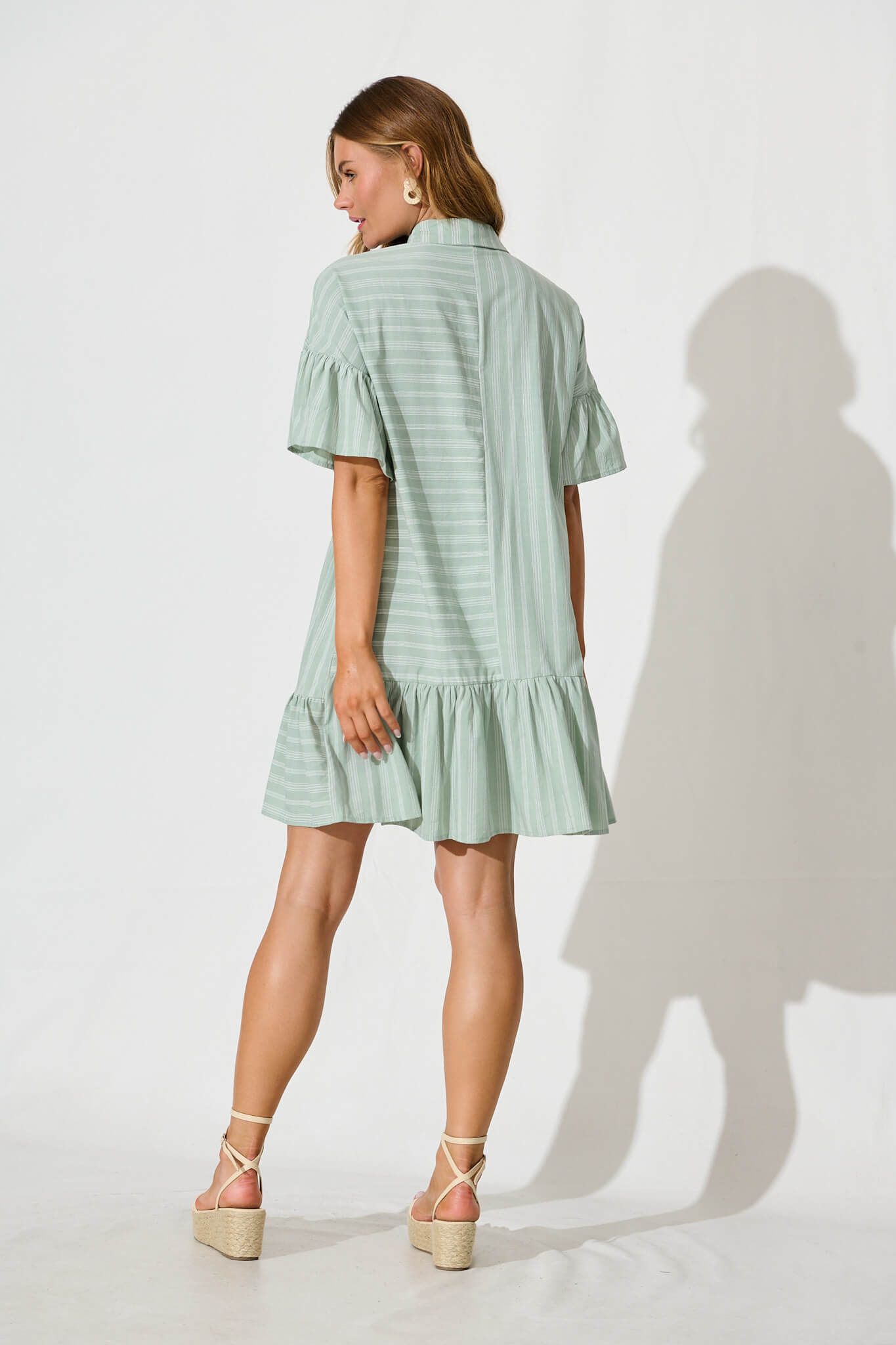 Freya Shirt Dress In Sage Green With White Stripe