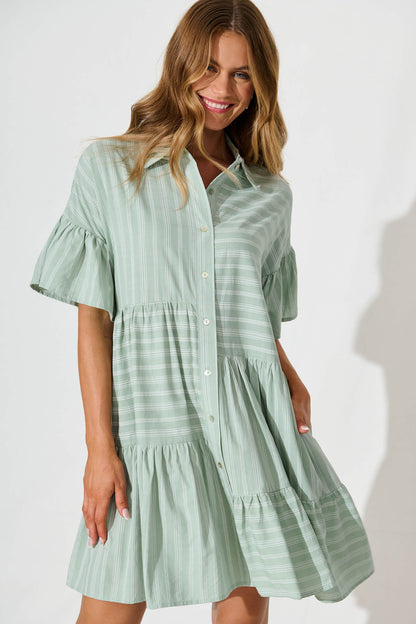 Freya Shirt Dress In Sage Green With White Stripe