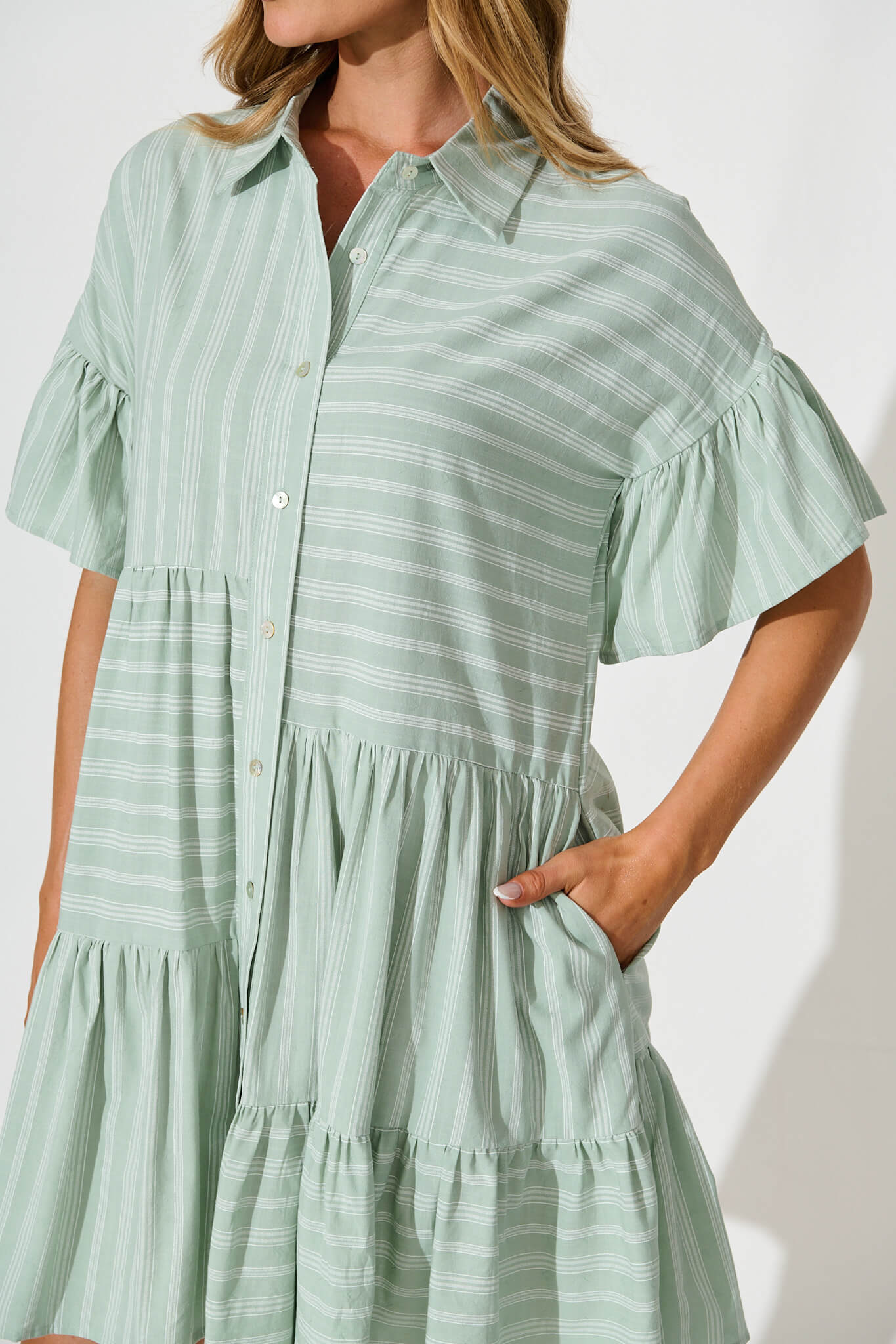 Freya Shirt Dress In Sage Green With White Stripe