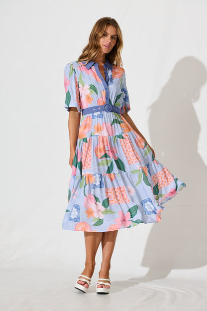 Apollonia Midi Dress in Blue with Multi Floral Print