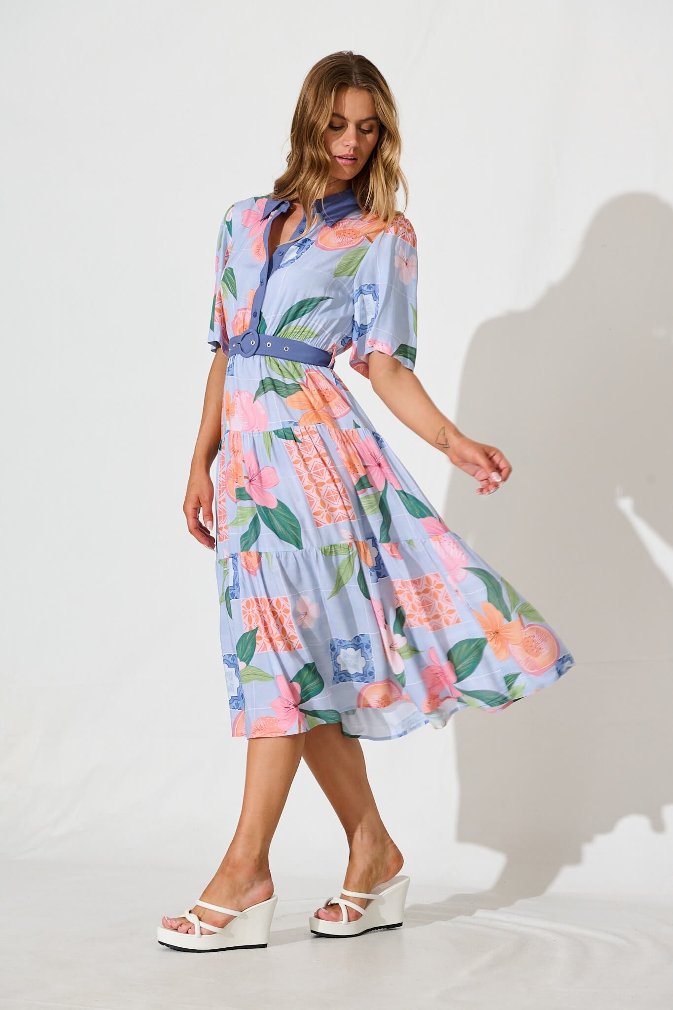 Apollonia Midi Dress in Blue with Multi Floral Print