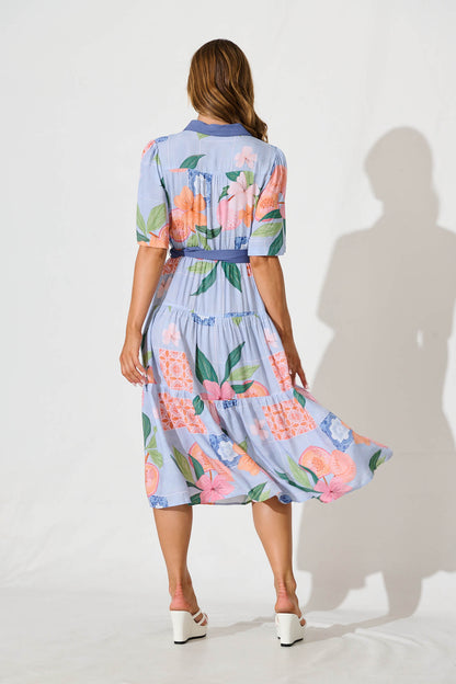 Apollonia Midi Dress in Blue with Multi Floral Print