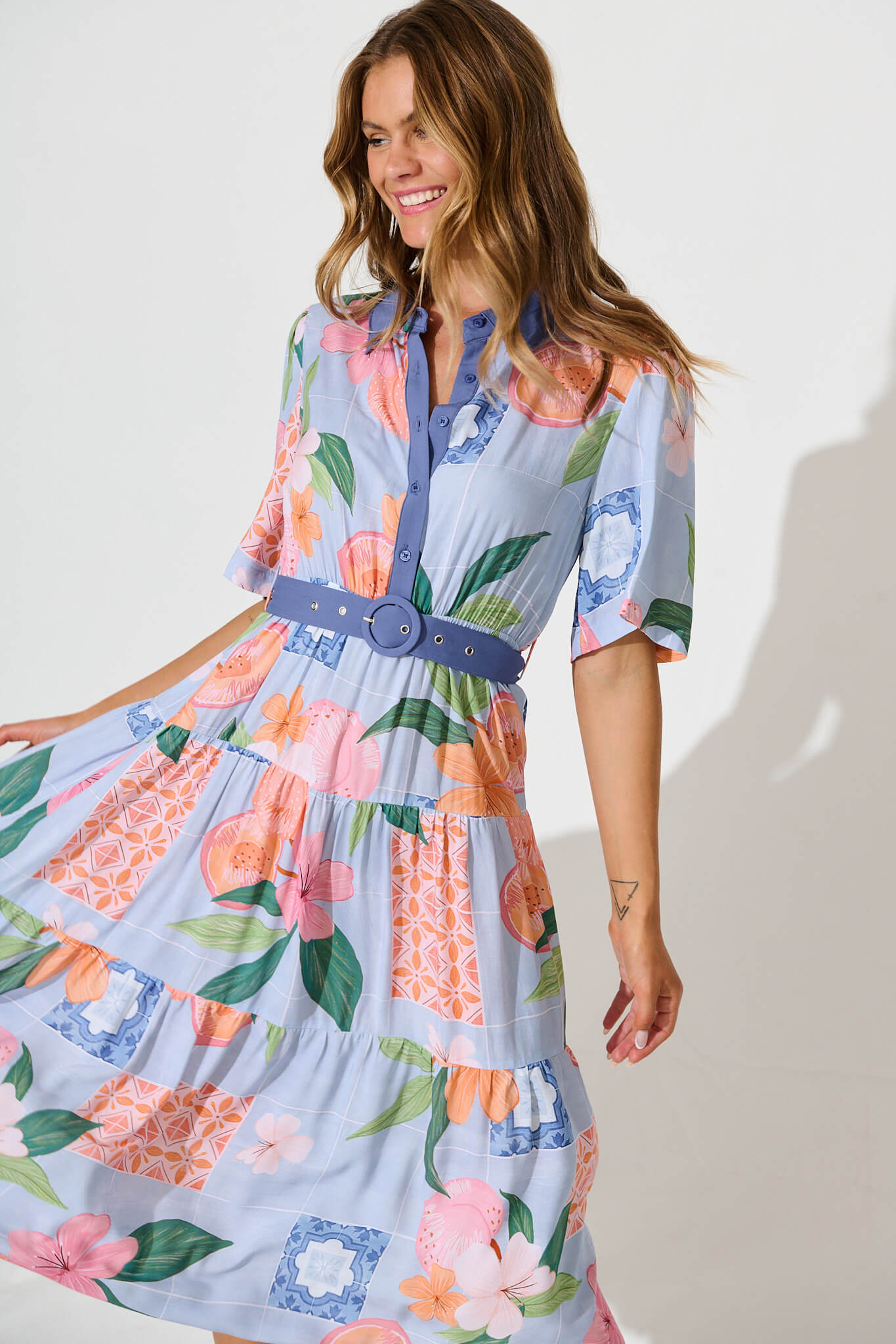 Apollonia Midi Dress in Blue with Multi Floral Print
