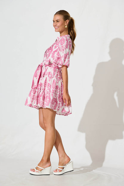 Elio Dress in White with Pink Floral Print