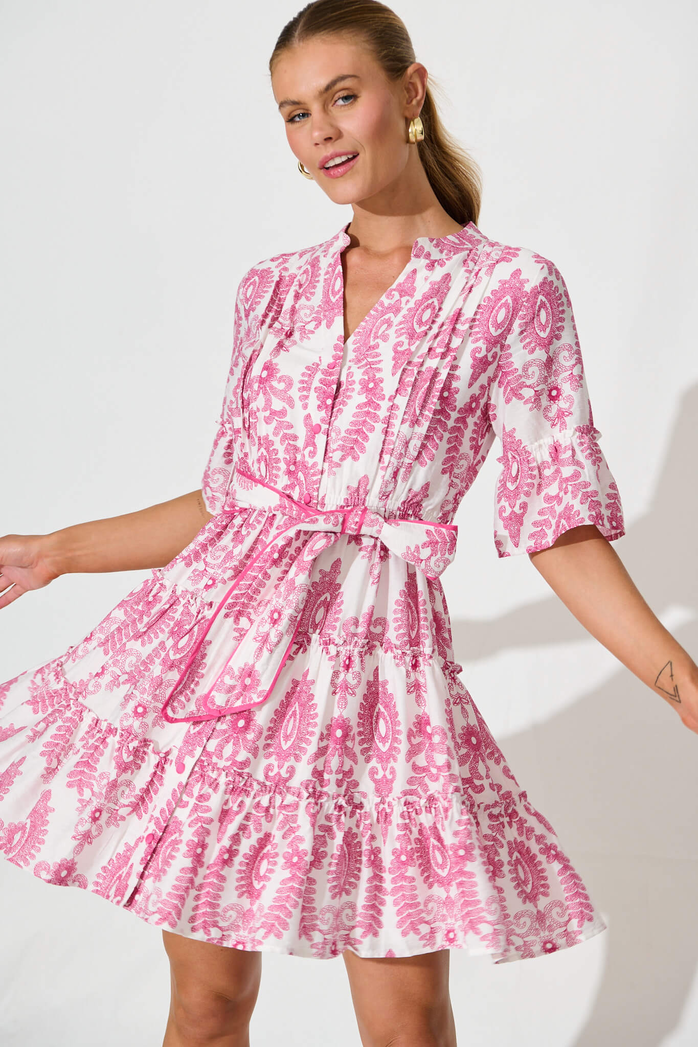 Elio Dress in White with Pink Floral Print