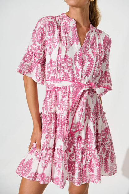 Elio Dress in White with Pink Floral Print