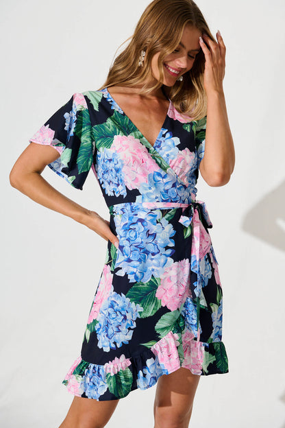 Relic Wrap Dress In Navy With Pink And Blue Floral