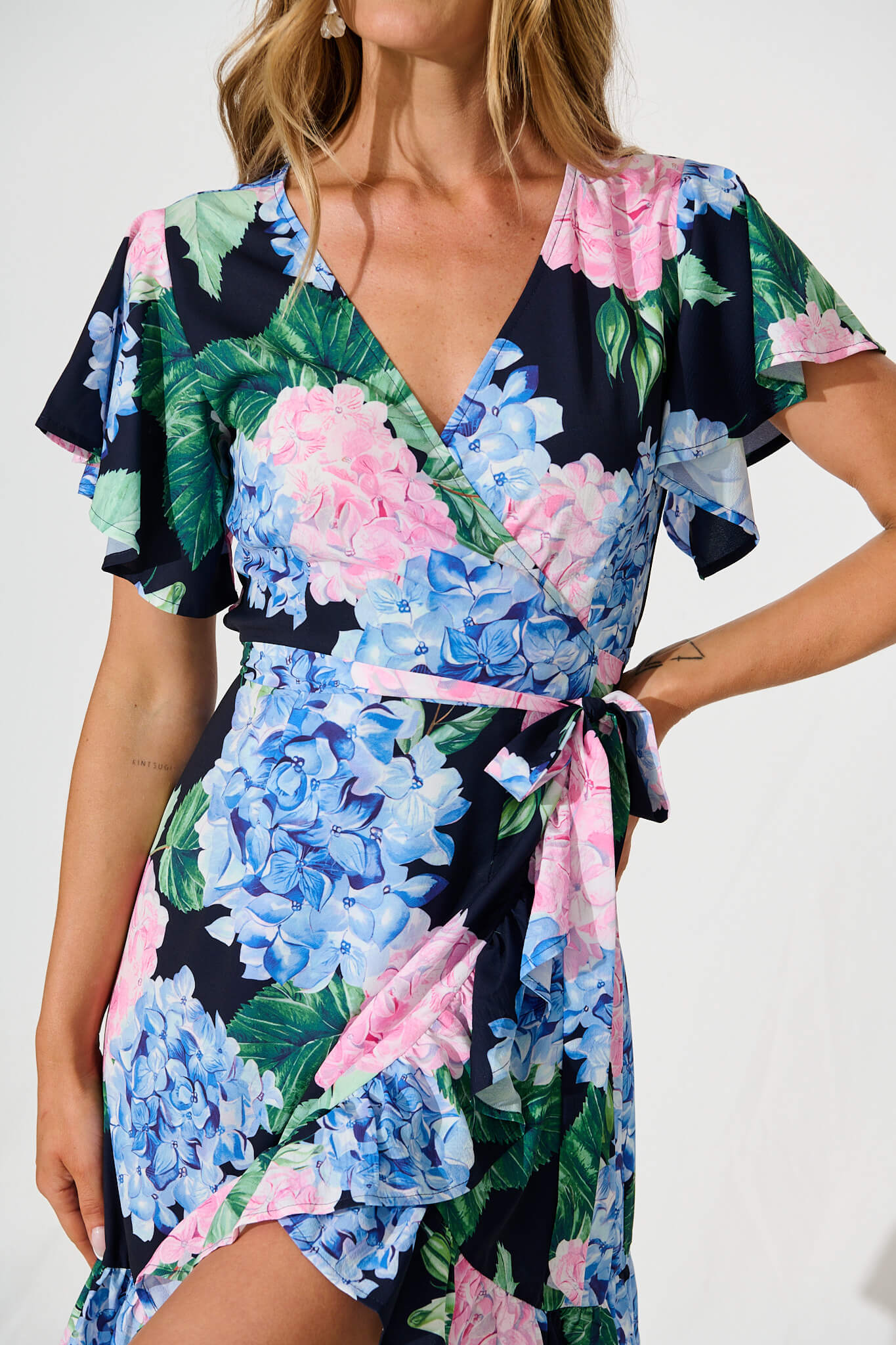 Relic Wrap Dress In Navy With Pink And Blue Floral