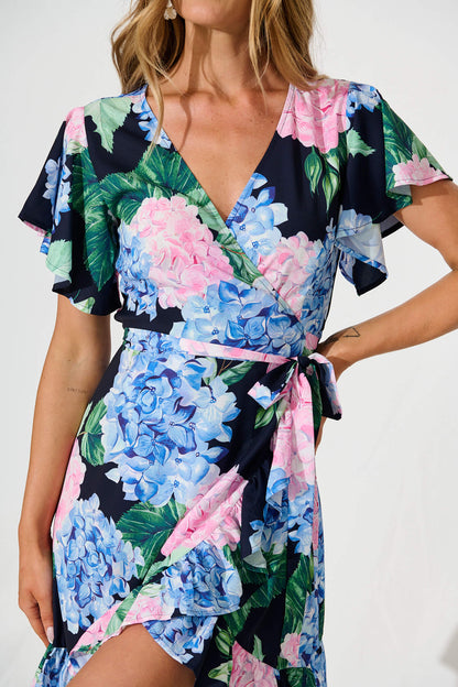 Relic Wrap Dress In Navy With Pink And Blue Floral
