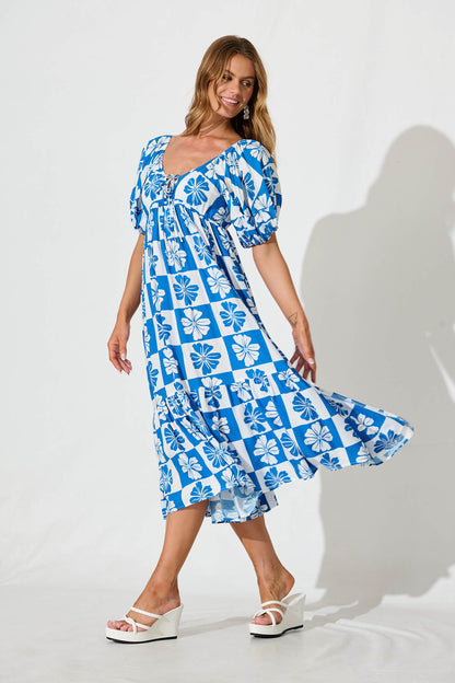 Marchena Midi Dress in Blue and White Flower Print