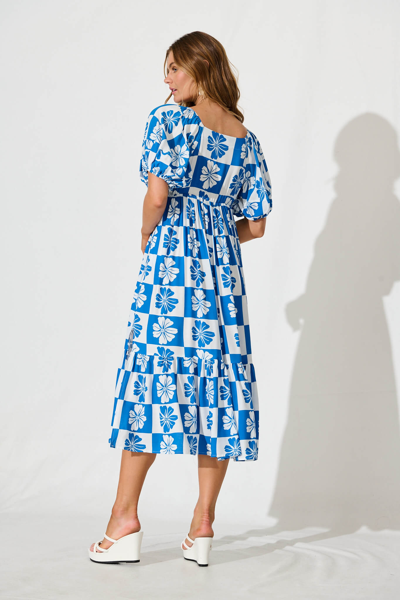 Marchena Midi Dress in Blue and White Flower Print
