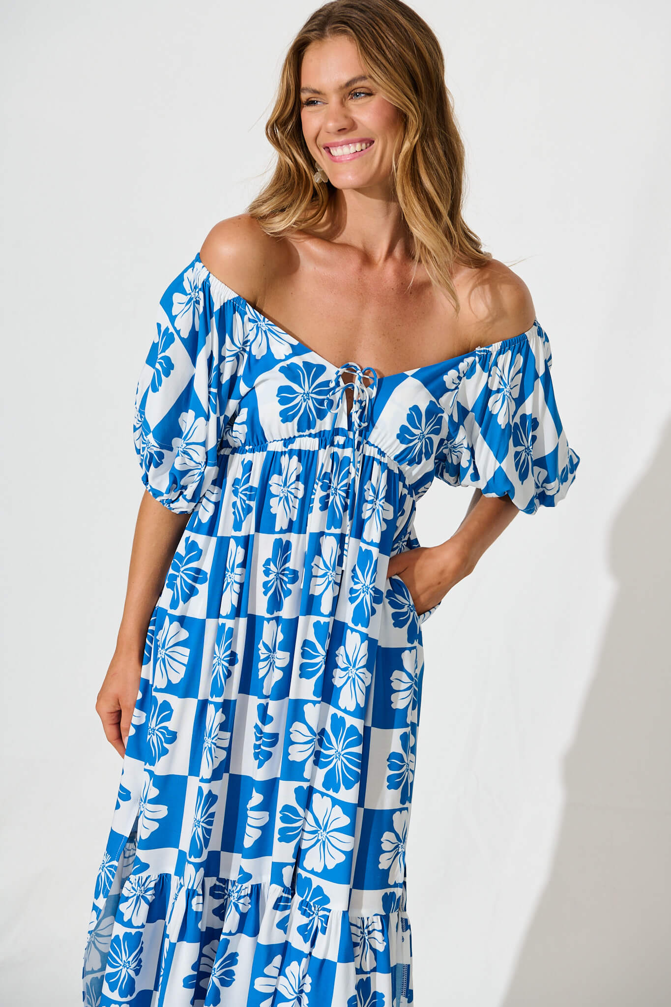 Marchena Midi Dress in Blue and White Flower Print