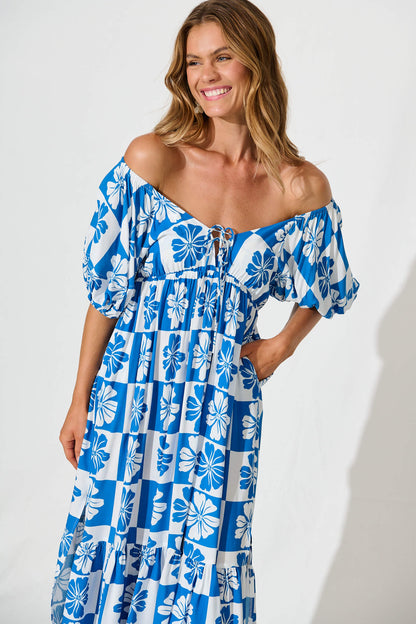 Marchena Midi Dress in Blue and White Flower Print