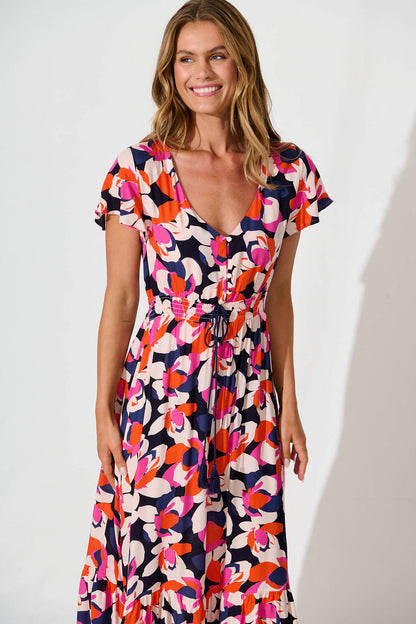 Ingra Maxi Dress In Navy With Multi Print