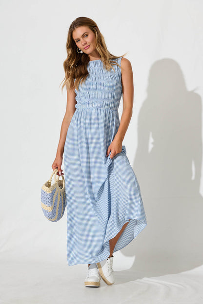 Ionia Maxi Dress in Blue and White Gingham