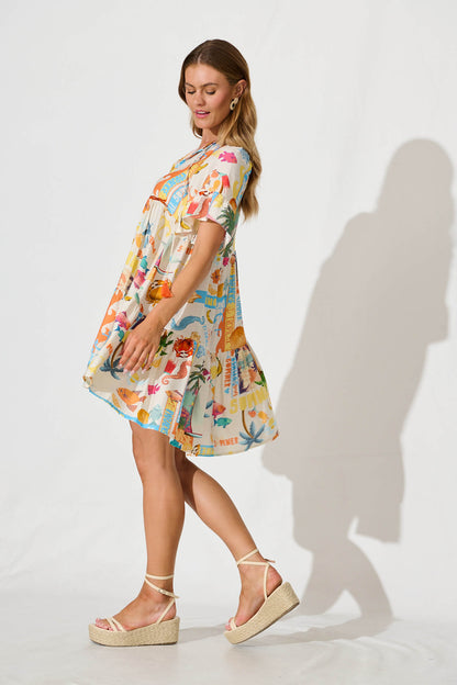 Tahnee Smock Dress In Cream With Multi Summer Print