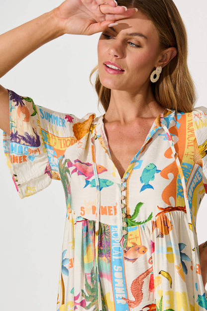 Tahnee Smock Dress In Cream With Multi Summer Print